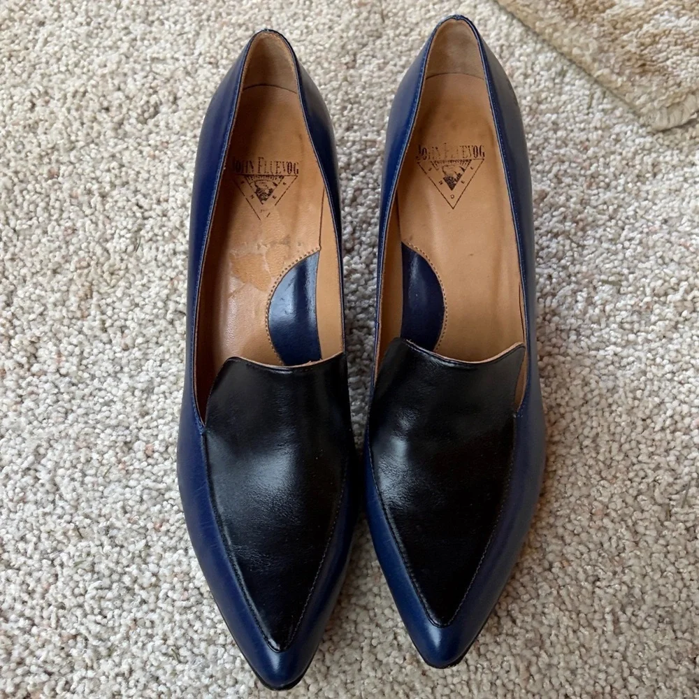 John Fluevog Big Presence Davis Classy Loafer Heels Black & Blue Leather 9.5 - Picture 7 of 13